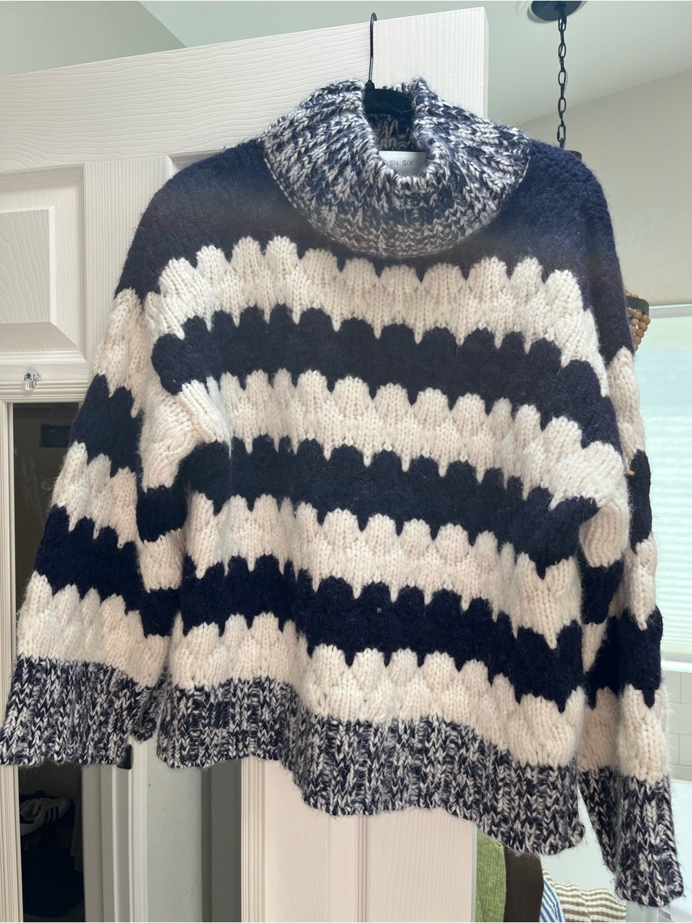Eleven Six Navy and Cream Striped Turtleneck Women's Sweater